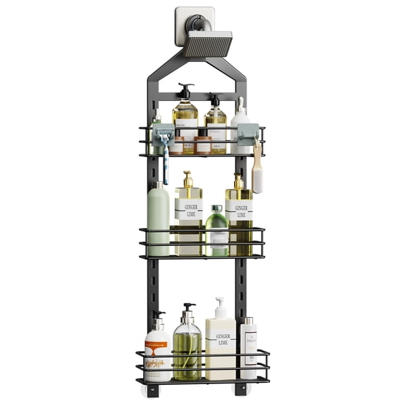 Adjustable Anti-slip Shower Caddy Over Head  Rustproof Bathroom Hanging Organizer With 2 Hooks For Razor No Drilling Shelves Storage Rack 3 Tier Black
