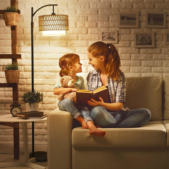 Adjustable Arc Floor Lamps for Living Room, Remote Controlled LED Corner Lamp with Rattan & Fabric Shades, 3 Color Temperatures & Dimmable for Bedroom, Office, Farmhouse Room Decor