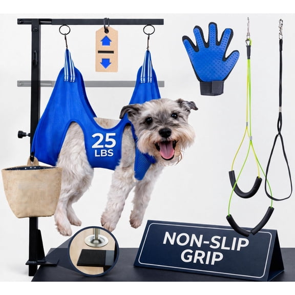 Adjustable Arm Pet Grooming Kit with Clamp, Sling, Loops, Glove and Pouch for Dogs and Cats