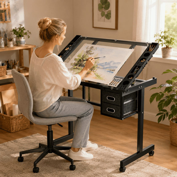 Adjustable Art Drawing Desk Craft Station Drafting with 2 fabric Drawers and 4 Wheels (black)