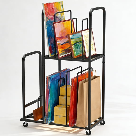 Adjustable Art Drying Rack, Rolling Canvas Storage Cart with Lockable Casters & Removable Dividers for Art Studio, Canvas Panels & Framed Artwork