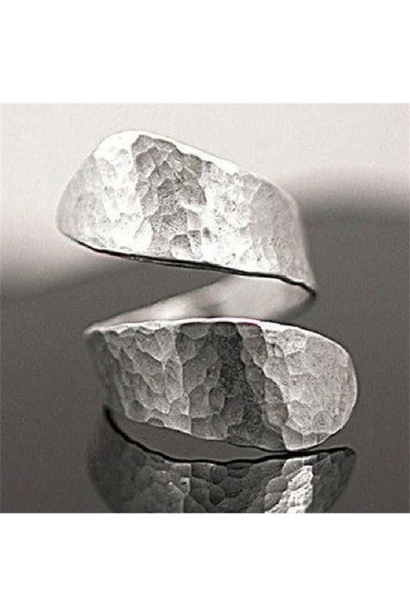 Adjustable Asymmetrical Hammered Silver Tone Ring For Women Fashion Vintage Party Cocktail Jewelry