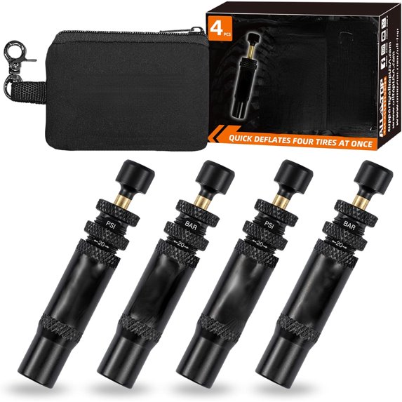 Adjustable Auto-Stop Tire Deflator Valve Kit (10-30 PSI) 4 PCS Screw-on Tyre Air Down Tool for Offroad 4x4 (with 5 Valve caps)