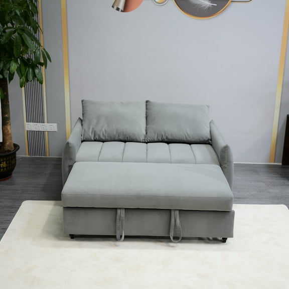 Adjustable Back Convertible Sleeper , Velvet Fabric, 2 Side Pockets & Pillows, Gray For Living Area, Mountain Cabin Apartment Hut
