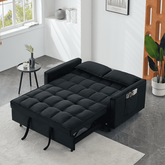 Adjustable Back Velvet Futon Sofa Bed, Modern Convertible Couples Sleeper with Side Pockets, Fold Down Couch for Living Room, Apartment,Black