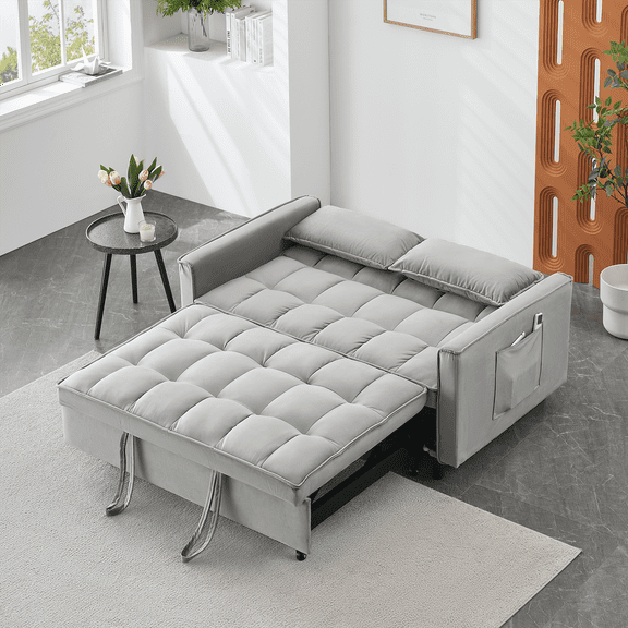Adjustable Back Velvet Futon Sofa Bed, Modern Convertible Couples Sleeper with Side Pockets, Fold Down Couch for Living Room, Apartment,Grey