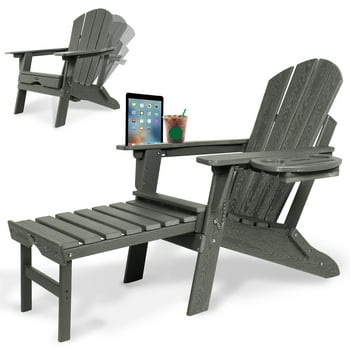 Adjustable Backrest Adirondack Chair,Folding Adirondack Chair with Ottoman,Plastic Adirondack Chairs w/4 in 1 Cup Holder Tray