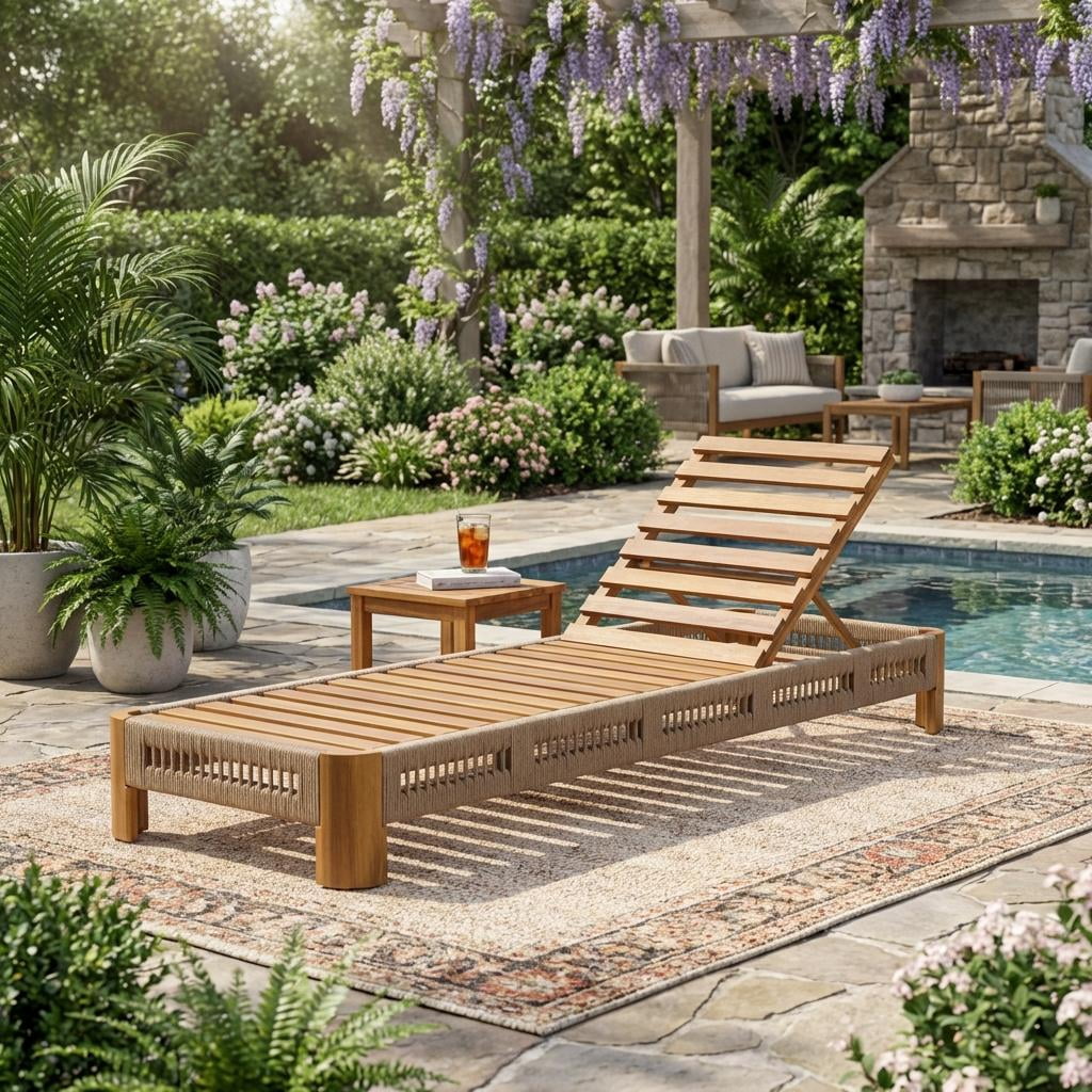 Adjustable Backrest Chaise Lounge, Acacia Wood Outdoor Recliner with Handwoven Rope Accents for Poolside, Natural Wood Finish