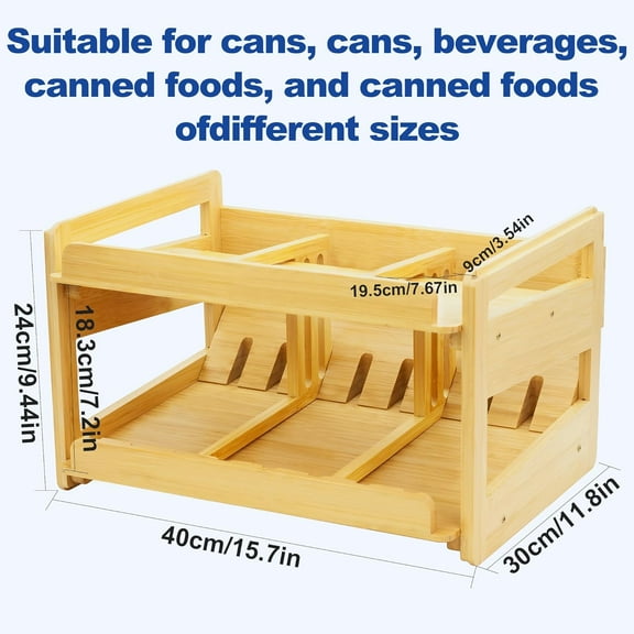 Adjustable Bamboo Can Organizer Rack, Two Tier FIFO Dispenser, Modern Countertop Storage, Anti Shedding