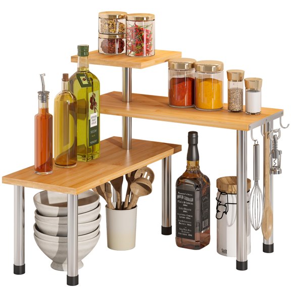 Adjustable Bamboo Corner Shelf with Hooks Kitchen Organizer Spice Rack 1 Pack