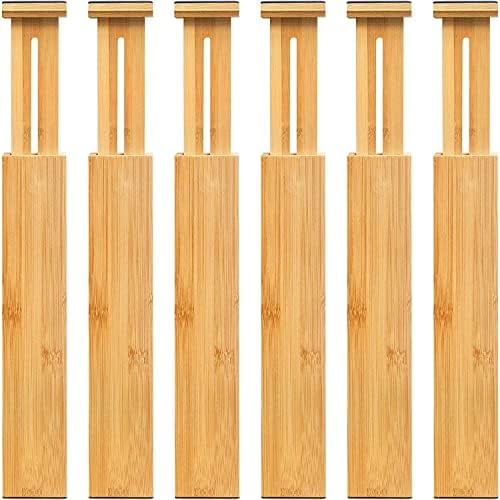 Adjustable Bamboo Drawer Dividers, Expandable Drawer Organizer for Kitchen, Bedroom, Bathroom, Dresser and Office, 6-Pack