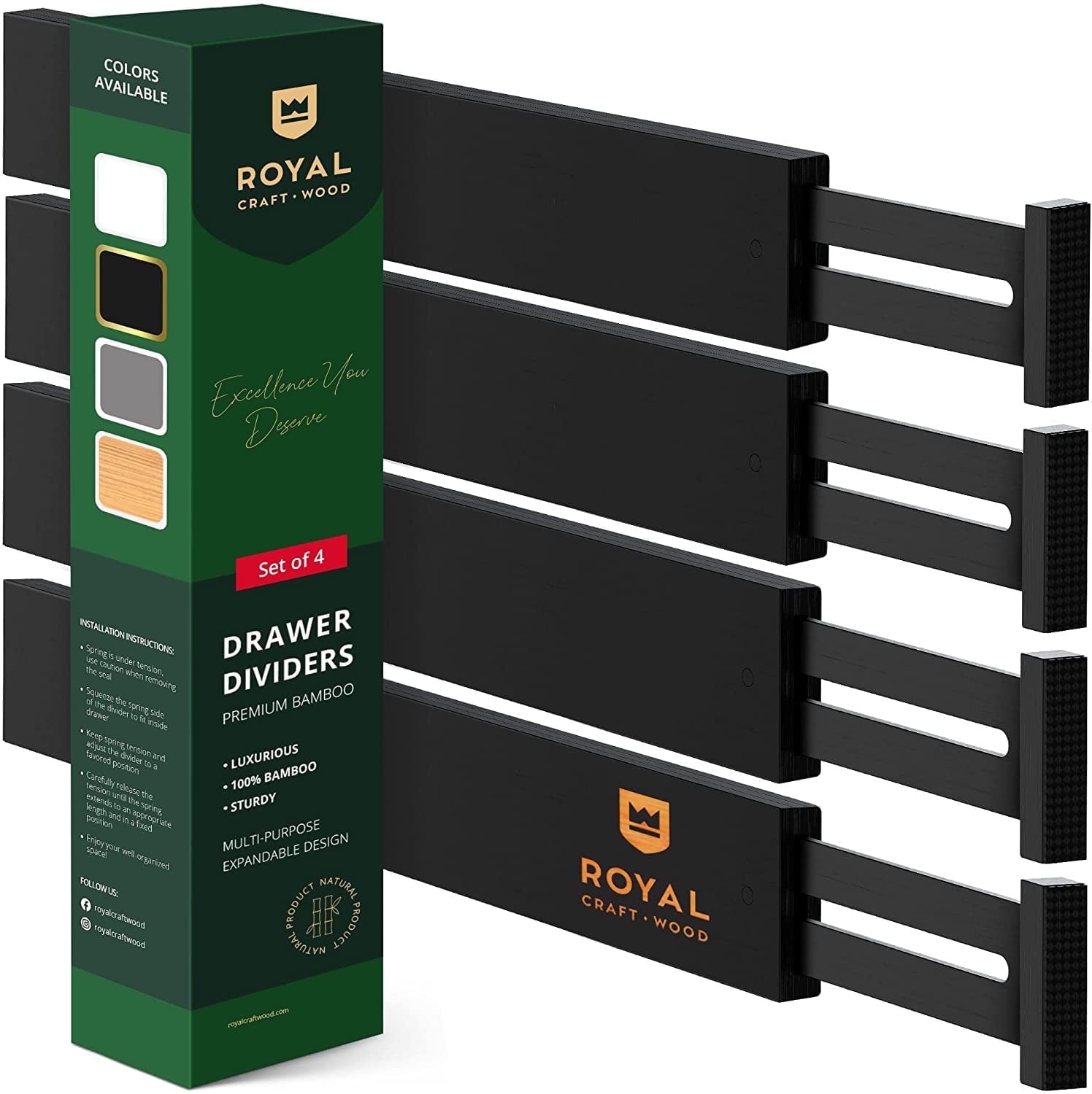 Royal Craft Wood Expandable Bamboo Drawer Dividers 4-Pack – Adjustable Storage Organizer Separators for Kitchen, Dresser, Bedroom, Bathroom, Cabinet & Office Drawers (17–22", Black)