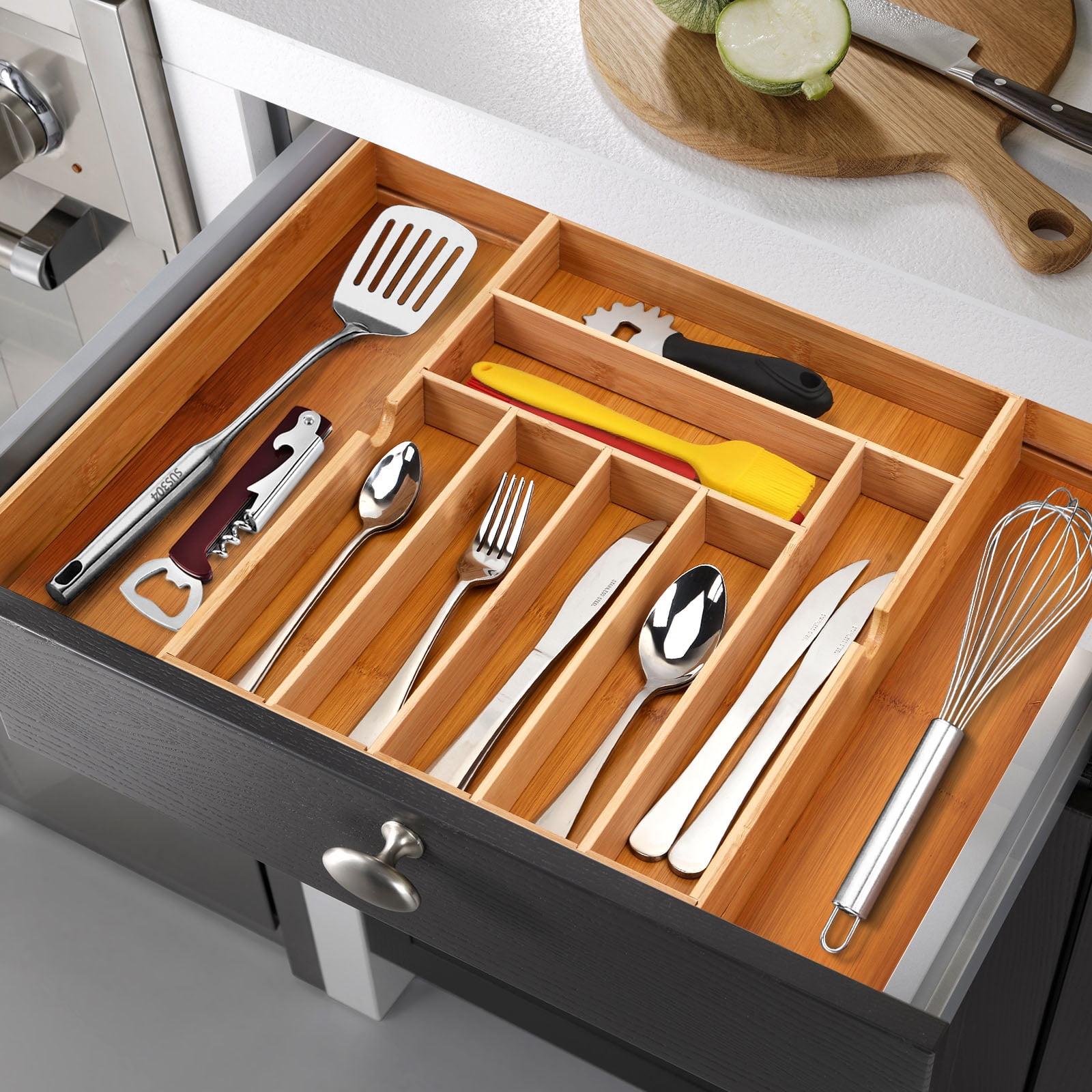 Adjustable Bamboo Flatware Organizer, Expandable Kitchen Utensils Drawer Organizer