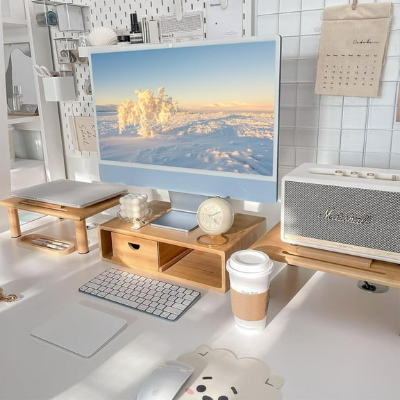 Adjustable Bamboo Monitor Stand Riser with Drawer for Desk, Laptop and Computer Screen Shelf for 2 or 3 Monitors