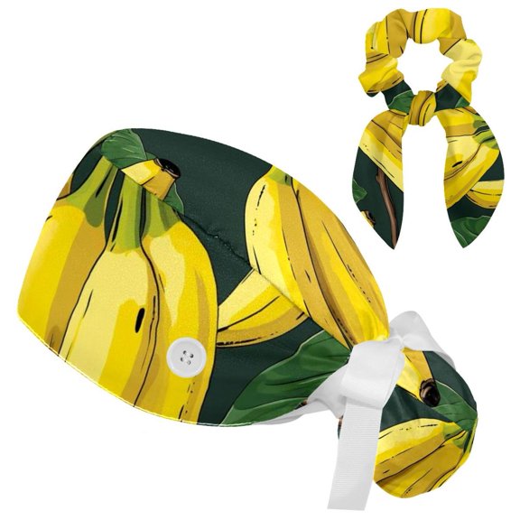 Adjustable Banana Scrub Cap, Working Hat Hair Cover with Ponytail Pouch, Soft Bouffant Surgical Nurse Cap