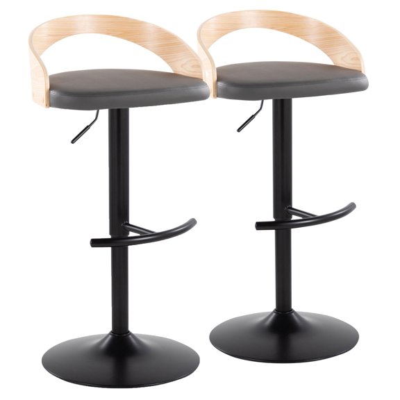 Adjustable Bar Stool with 360-Degree Swivel and Built-in Footrest, Grey Faux Leather and Natural Wood with Black Metal Base, Contemporary Kitchen Island Seating, Set of 2, Indoor Use