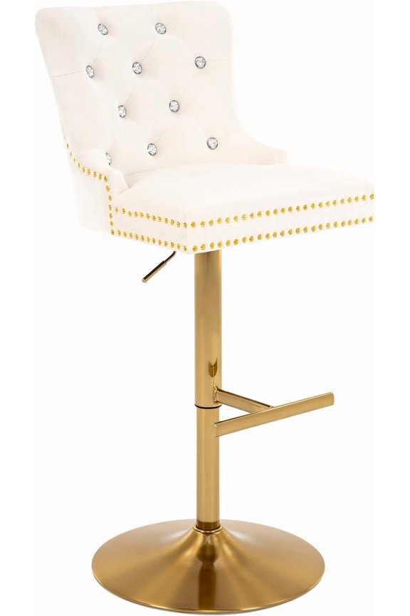 Adjustable Bar Stool, Velvet Chair with Swivel Function and Golden Base, Counter Height Stool Chair for Kitchen, Dining Room, and Home Bar Furniture (White)