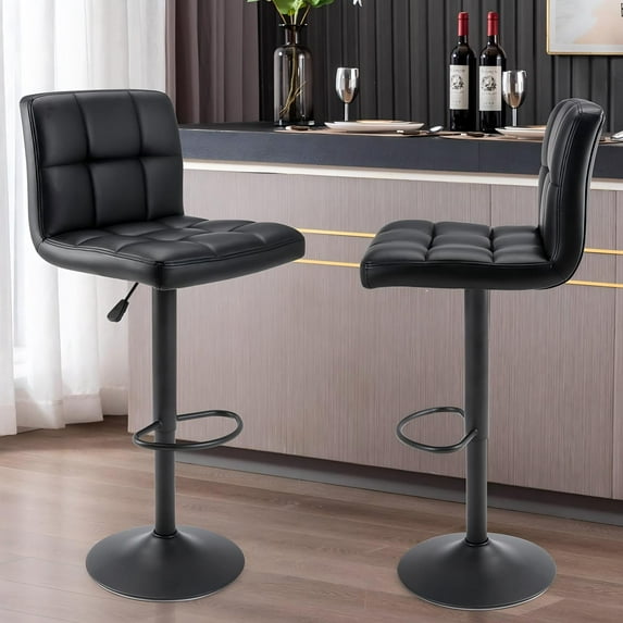 Adjustable Bar Stools Set of 2 with Back, Armless PU Leather Counter Height Bar Chairs, 360° Swivel Square Modern Barstools with Thick Cushion for Kitchen, Dining, Pub, or Café (Black)