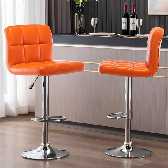 Adjustable Bar Stools Set of 2 with Back, Armless PU Leather Counter Height Bar Chairs, 360° Swivel Square Modern Barstools with Thick Cushion for Kitchen, Dining, Pub, or Café (Orange)