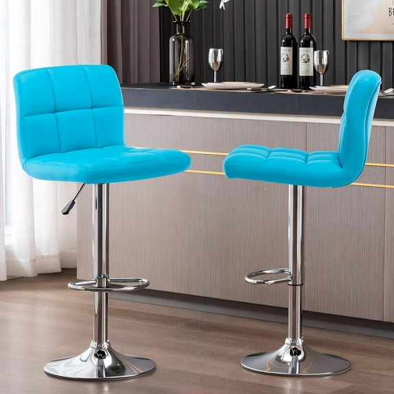 Adjustable Bar Stools Set of 2 with Back, Armless PU Leather Counter Height Bar Chairs, 360° Swivel Square Modern Barstools with Thick Cushion for Kitchen, Dining, Pub, or Café (Sky Blue)