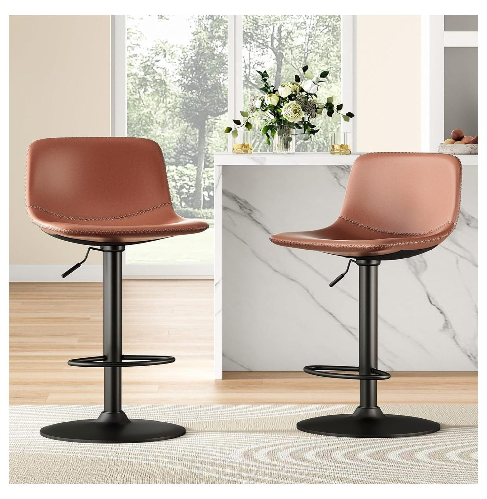 Whiskey Brown Adjustable Swivel Bar Stools with Metal Base, Set of 2