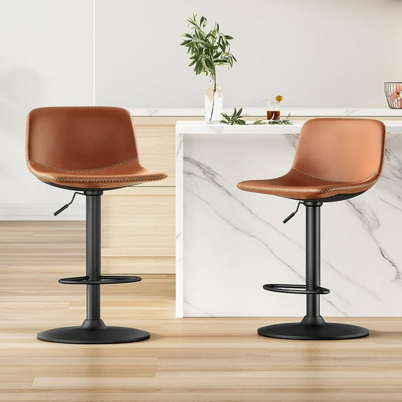 Adjustable Bar Stools Set of 2, Mid Century Modern Swivel Bar Stools, Bar Height Stools with Back Support Counter Height Bar Chairs Pu Leather Bar Stool for Kitchen Island Rustic Barstools