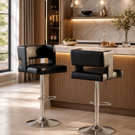 Adjustable Bar Stools Set of 2 Black Faux Leather Silver Metal 35.4"-44" for Bar