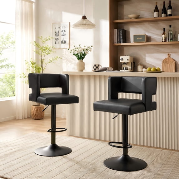 Adjustable Bar Stools Set of 2 Black PU Leather Metal 35.4"-44" for Bar Kitchen