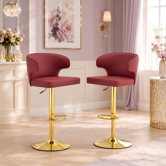 Adjustable Bar Stools Set of 2, Red PU Swivel Chairs with Gold Base for Kitchen