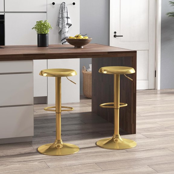 Adjustable Bar Stools Set of 2, Swivel Round Metal Barstools, Backless Counter Height Bar Chairs for Kitchen Dining Room Pub Cafe (Gold)
