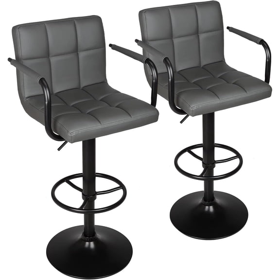 Adjustable Bar Stools with Armrest, Square  Swivel Double Stitching with  Bar Stool, Set of 2 (Grey + Black Base)