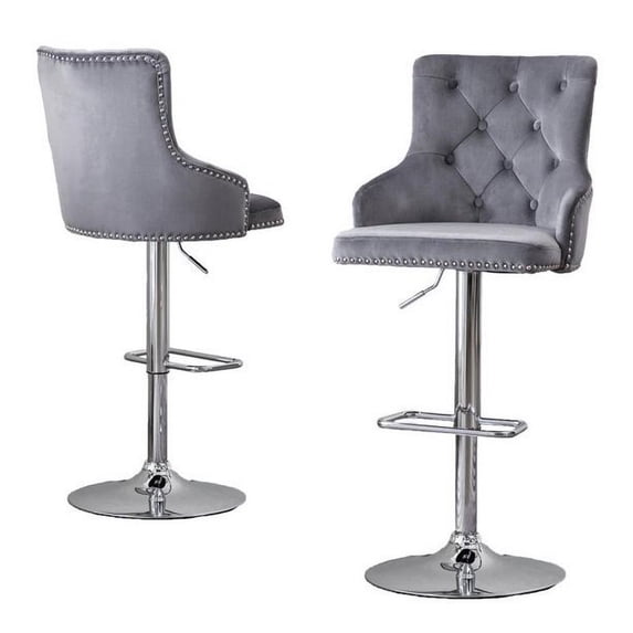 Adjustable Bar Stools with Dark Gray Velvet and Tufted Seats (Set of 2)