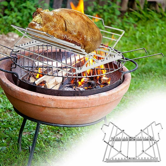 Adjustable Barbecue Grill Rack for Chicken, Stainless Steel Rotisserie with Reinforced Edges, Foldable Roasting Stand for Outdoor