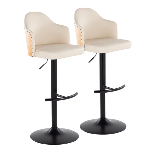 Adjustable Barstool with 360-Degree Swivel, Cream Faux Leather Padded Seat, Natural Bamboo Wood and Black Metal Base with Rounded T Footrest for Kitchen and Home Bar, Set of 2