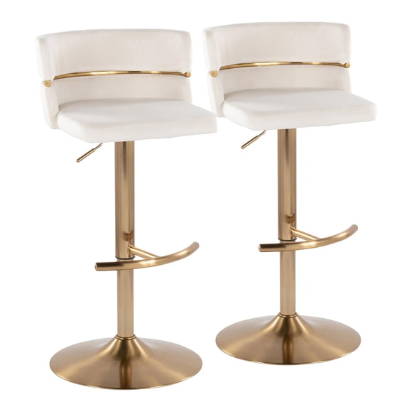 Adjustable Barstool with 360-Degree Swivel, Cream Velvet Upholstery and Gold Metal Base with Rounded T Footrest, Modern Glam Seating for Kitchen Island or Home Bar, Set of 2