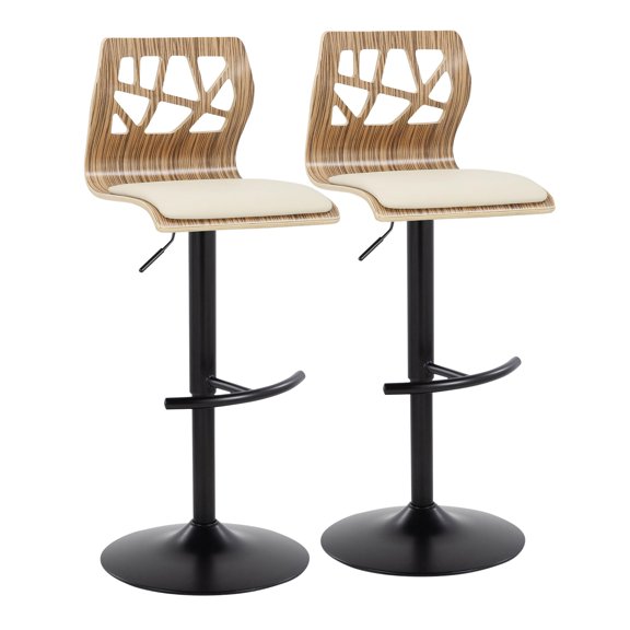 Adjustable Barstool Set of 2, Mid-Century Modern Swivel Stools with Cream Faux Leather Padded Seat, Zebra Wood Curved Frame and Black Metal Base with T Footrest for Kitchen and Bar