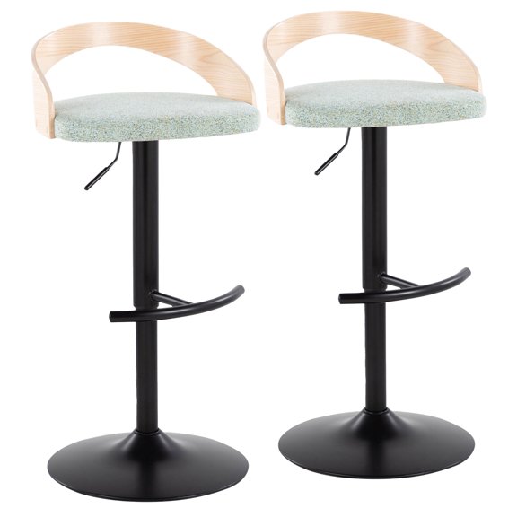 Adjustable Barstool Set of 2, Swivel Counter Stool with Light Green Fabric Seat, Natural Wood Accents and Black Metal Base with Rounded T Footrest for Kitchen and Home Bar