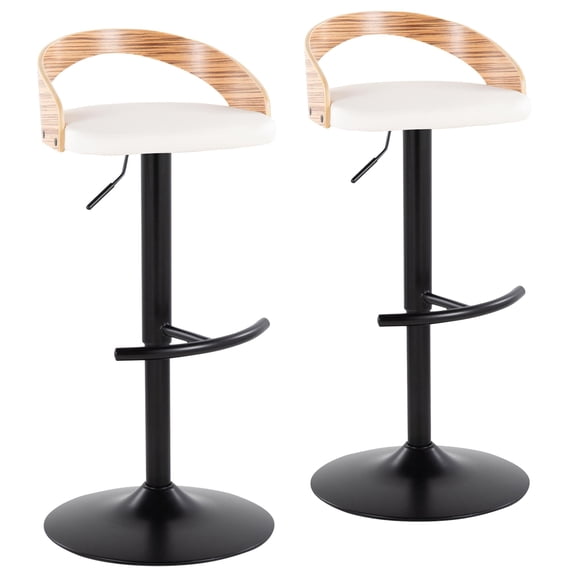 Adjustable Barstool Set of 2, Swivel Faux Leather Cushioned Seat with Rounded T Footrest, Contemporary Black Metal Base and Zebra Wood Accents, White, for Kitchen Island or Home Bar