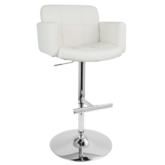 Adjustable Barstool with Swivel, White Faux Leather Padded Seat and High Back with Armrests, Chrome Metal Base with Footrest, Counter to Bar Height Stool for Kitchen and Dining Room