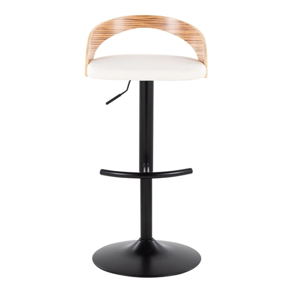 Adjustable Barstool with Swivel in Black Metal, Zebra Wood and White Faux Leather with Rounded T Footrest - Set of 3