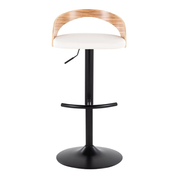 Adjustable Barstool with Swivel in Black Metal, Zebra Wood and White Faux Leather with Rounded T Footrest - Set of 3