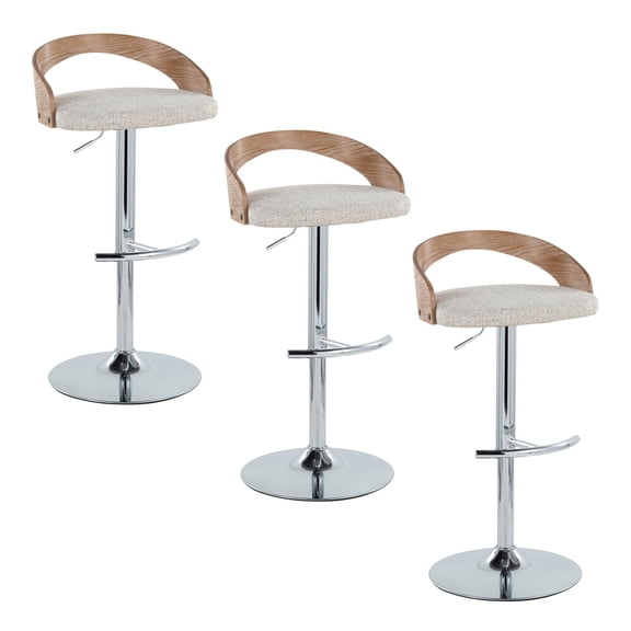 Adjustable Barstool with Swivel in Chrome Metal, Whitewashed Wood, and Oat Fabric with Rounded T Footrest - Set of 3