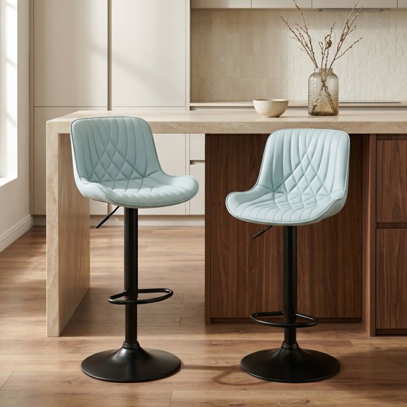 Adjustable Barstools Set of 2, Blue Faux Leather Swivel Bar Chairs, Height Adjustable Kitchen Island Stools