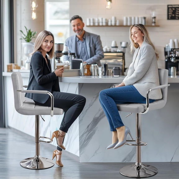 Adjustable Barstools with Arms, Light PU Leather Counter Height Swivel Stool for Kitchen Dining Room