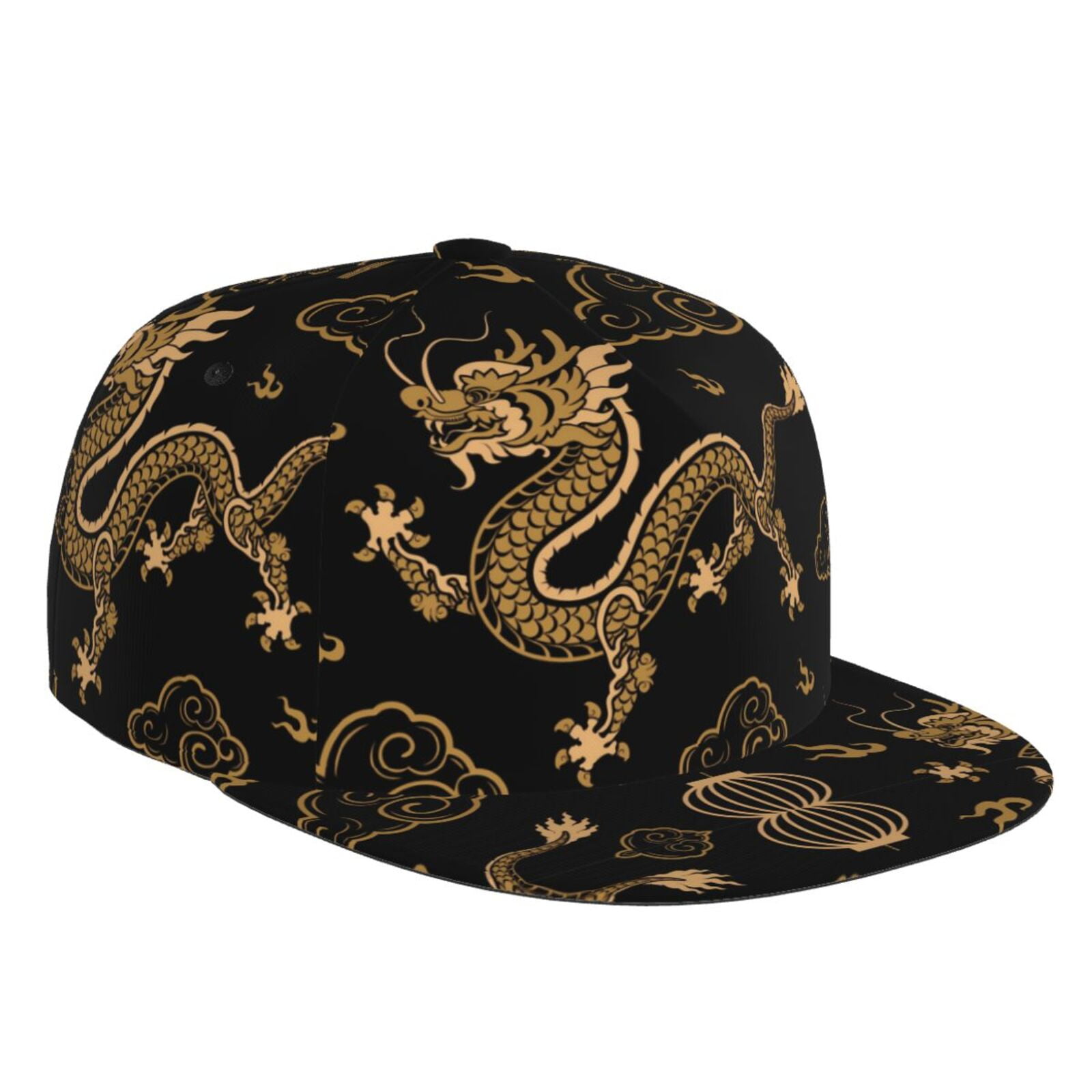 Adjustable Baseball Cap, Golden Chinese Dragon Clouds Flat Bill
