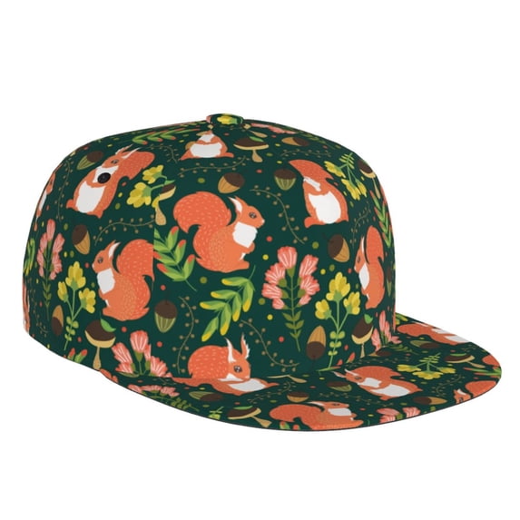 Adjustable Baseball Cap, Painted Cute Squirrel Flower Flat Bill Trucker Flat Brim Hats Dad Hat for Men Women - Snapback Hat Adjustable Size