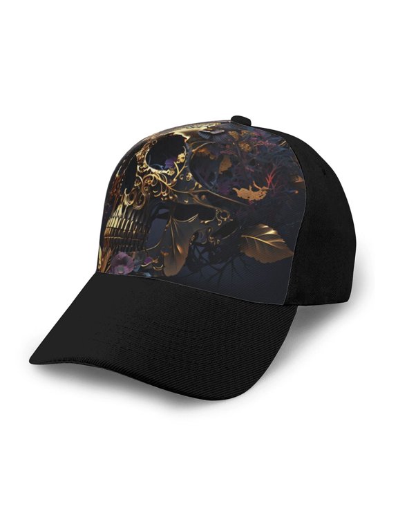 Adjustable Baseball Cap Trucker Hat Fashion Snapback Dad Hats , Skull Floral Gold Death