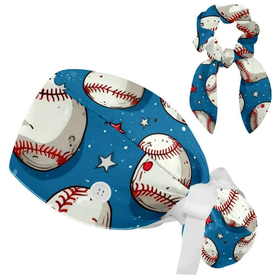 Adjustable Baseball Surgical Scrub Cap with Button, Ponytail Pouch, Sweatband for Women with Bow Hair Scrunchy