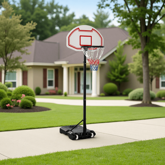 Adjustable Basketball Hoop for Kids, 6-8 Feet Height Adjustable Portable Basketball Goal with Wheels & Ball Holder, Outdoor Basketball Set for Driveway and Backyard