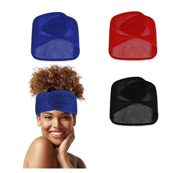 Adjustable Bath Mesh Hair Wraps,3PCS Breathable Hair Tapes,Hair Net Makeup Headbands,Non Slip Facial Spa Scarves,Hair Wraps for Wash Face Sleep Headbands (Black&Blue&Red)